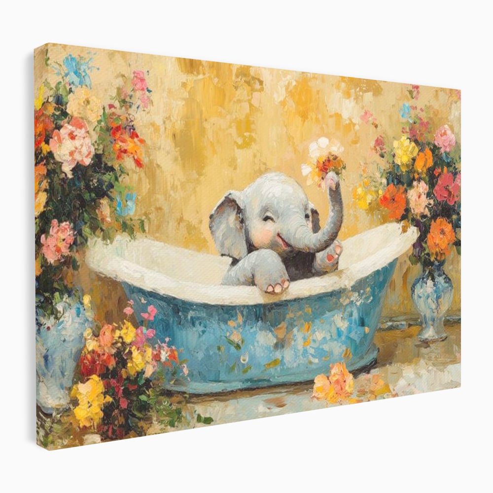 Tablou canvas cu tablou canvas cu pui de elefant in cada, fara rama, pe sasiu de lemn